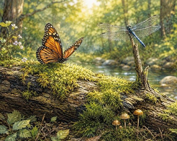 A monarch butterfly and dragonfly resting on a moss-covered log beside a woodland stream