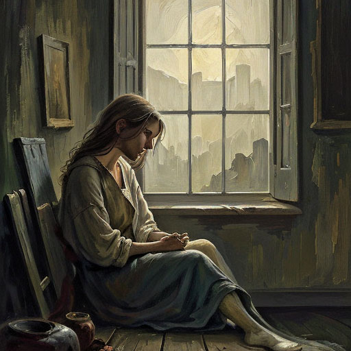 A solitary woman seated beside a cracked window in a dim room